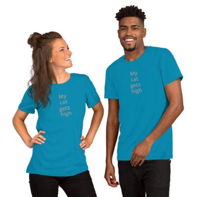 My cat gets high (on vertical space from Fundamentally Feline!) Unisex T-Shirt - Image 3