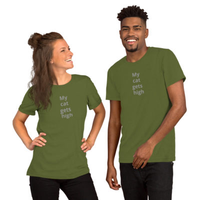 My cat gets high (on vertical space from Fundamentally Feline!) Unisex T-Shirt - Image 11