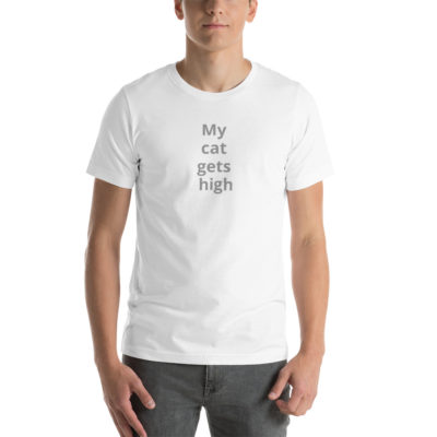 My cat gets high (on vertical space from Fundamentally Feline!) Unisex T-Shirt - Image 13